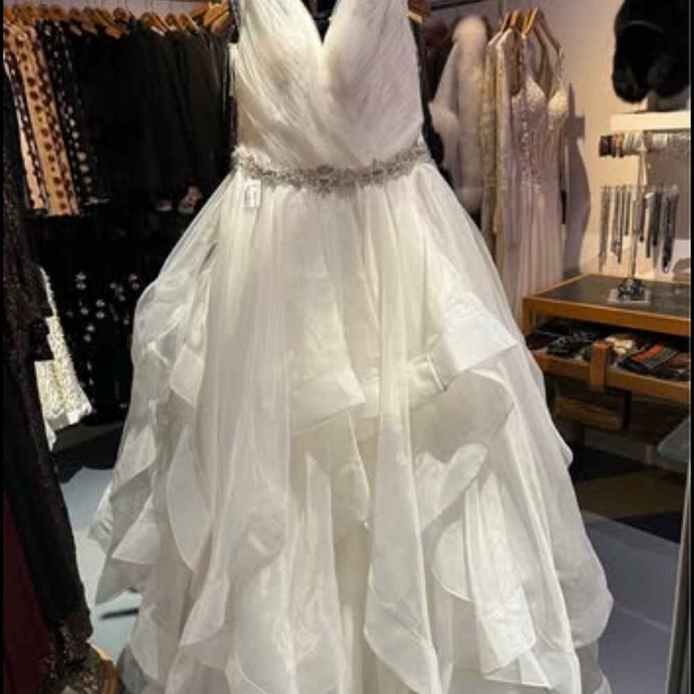 Girls' White Ruffled Ball Gown Dress with Beaded Waist